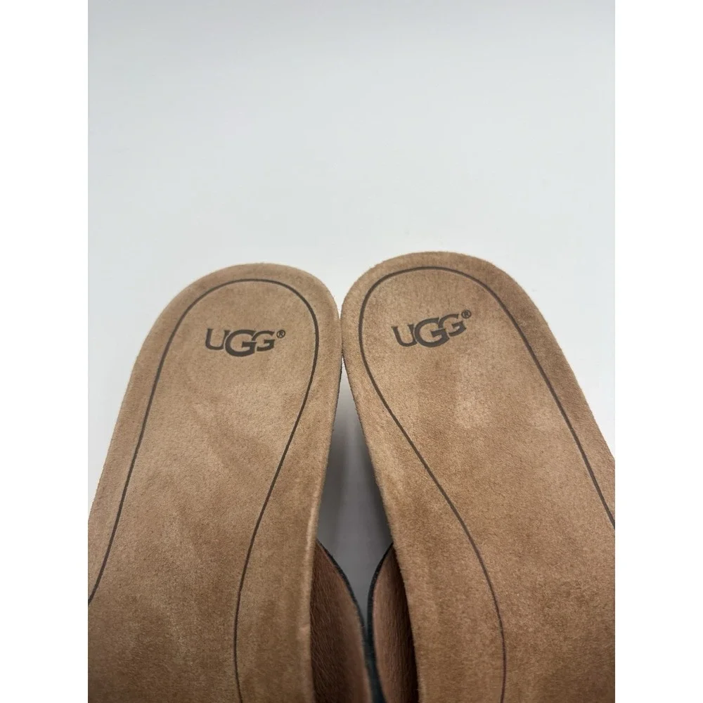UGG Lyra‎ Sandals Black Leather Cross Straps Wedge Open Round Toe Size 8